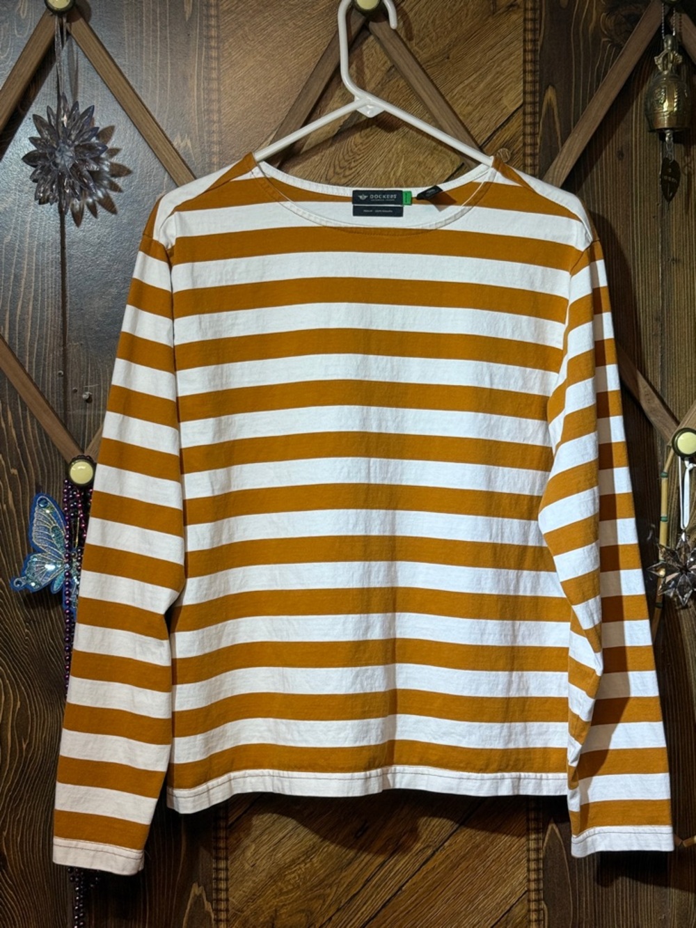 Dockers Women's Long-Sleeve Striped Crewneck - White & Mustard Yellow - Picture 1 of 7